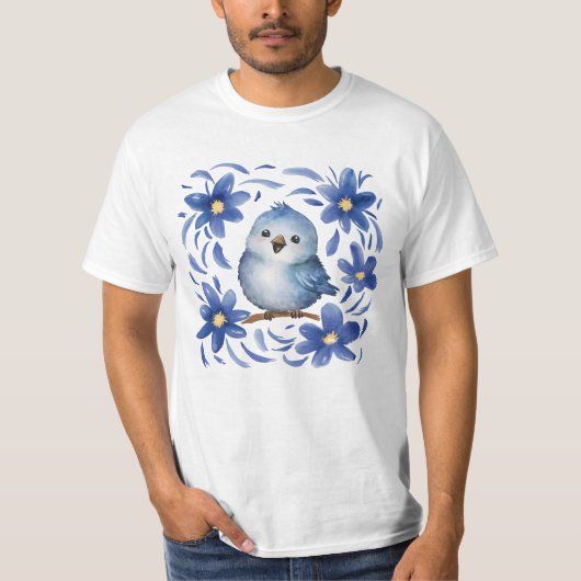 Blauwe Vogel met bloemen T-shirt (Voorkant)