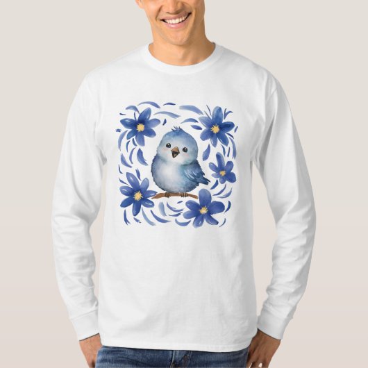 Blauwe Vogel met bloemen T-shirt (Voorkant)