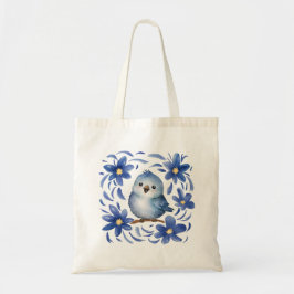 Blauwe Vogel met bloemen Tote Bag