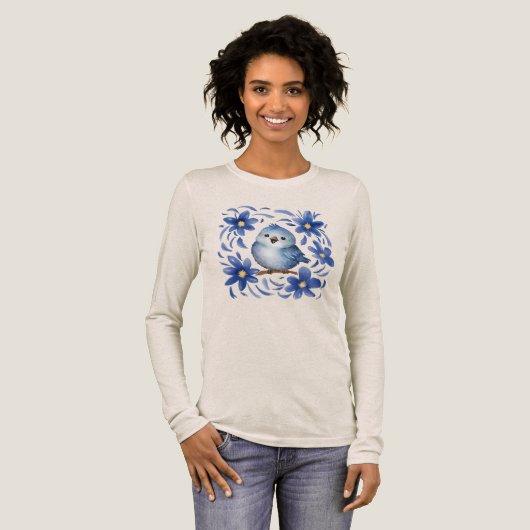 Blauwe Vogel met bloemen Tri-Blend Shirt (Voorkant)