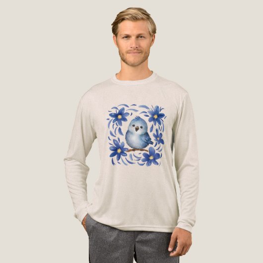 Blauwe Vogel met bloemen Tri-Blend Shirt (Voorkant)