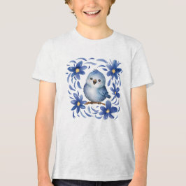 Blauwe Vogel met bloemen Tri-Blend Shirt