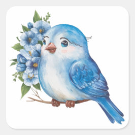 Blauwe vogel met bloemen vierkante sticker