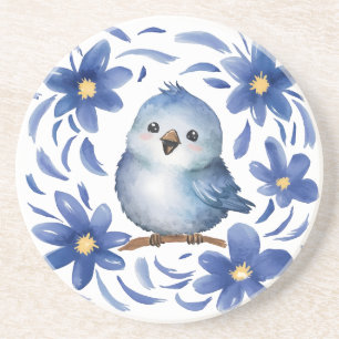 Blauwe Vogel met bloemen Zandsteen Onderzetter