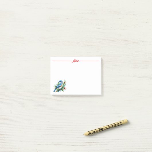 Blauwe vogel met Kerstmis Post-it® Notes (Op bureau)