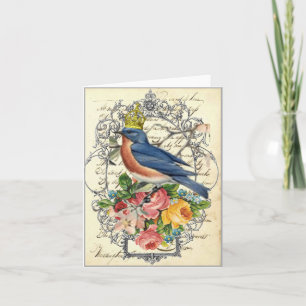 Blauwe vogel met kroon en bloemen notitiekaartje