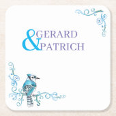 Blauwe vogel met ornamenten en monogram kartonnen onderzetters (Voorkant)