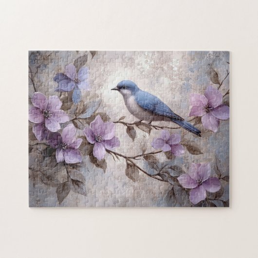 Blauwe vogel met paarse bloemen legpuzzel (Horizontaal)