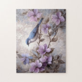 Blauwe vogel met paarse bloemen legpuzzel (Verticaal)