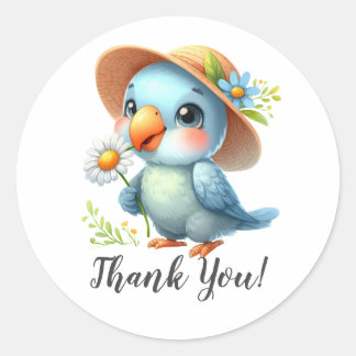 Blauwe Vogel met Pet en Bloem Dank U Ronde Sticker