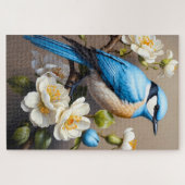 Blauwe Vogel met Witte Bloemen Botanisch Legpuzzel (Horizontaal)