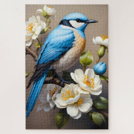 Blauwe Vogel met Witte Bloemen Botanisch Legpuzzel