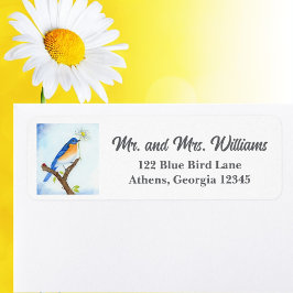 Blauwe Vogel met Witte Madelief en Lieveheersbeest Etiket