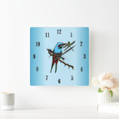 Blauwe vogel met zwarte nummers vierkante klok (Huis)