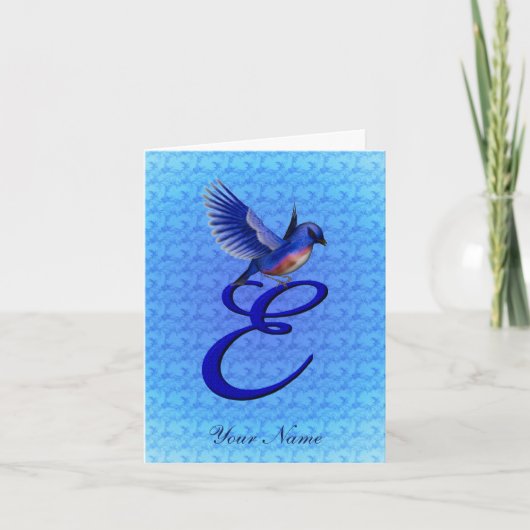 Blauwe Vogel Monogram Eerste E Persoonlijk Notitiekaartje (Voorkant)