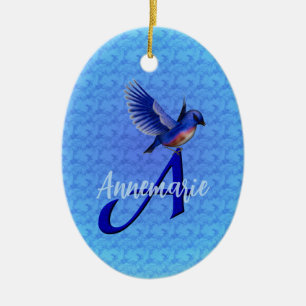 Blauwe Vogel Monogram Eerste Letter A Persoonlijk Keramisch Ornament
