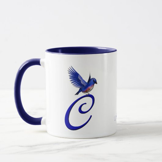 Blauwe Vogel Monogram Eerste Letter C Elegant Pers Mok (Links)