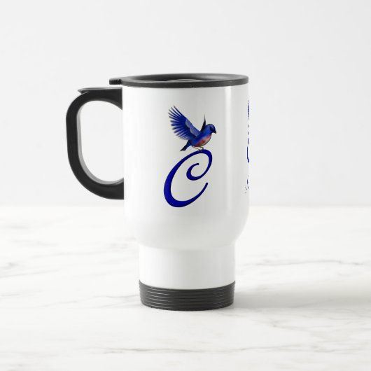 Blauwe Vogel Monogram Eerste Letter C Elegant Pers Reisbeker (Links)