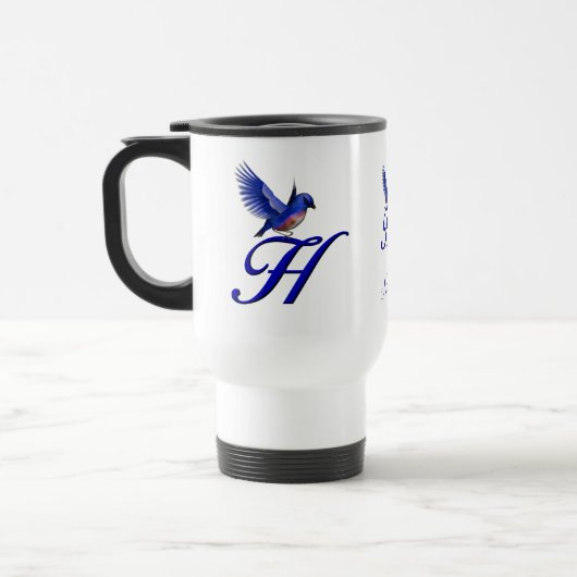 Blauwe Vogel Monogram Eerste Letter H Elegant Pers Reisbeker (Links)