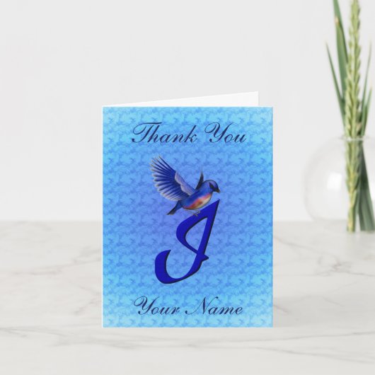 Blauwe Vogel Monogram Eerste Letter I Persoonlijk Bedankkaart (Voorkant)