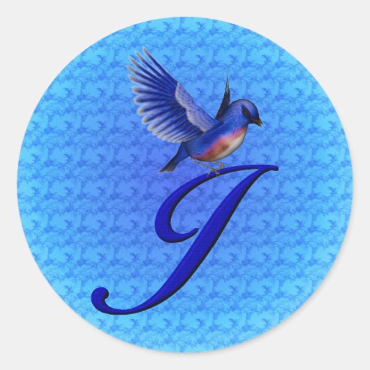 Blauwe Vogel Monogram Eerste Letter J Elegant Ronde Sticker (Voorkant)
