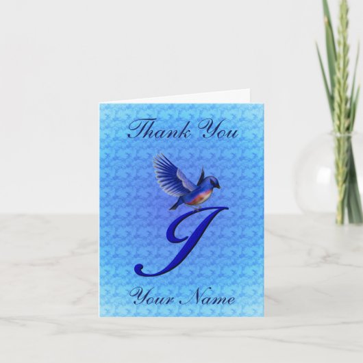Blauwe Vogel Monogram Eerste Letter J Persoonlijk Bedankkaart (Voorkant)