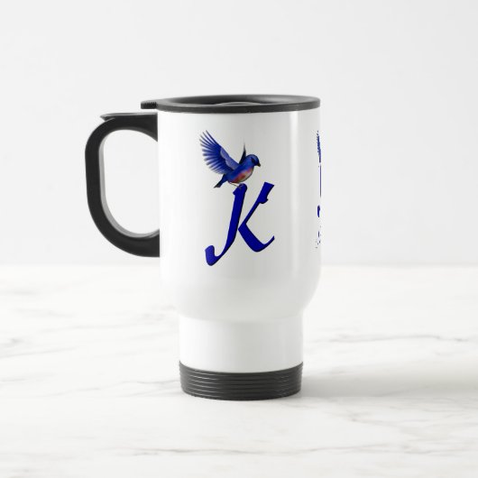 Blauwe Vogel Monogram Eerste Letter K Elegant Pers Reisbeker (Links)