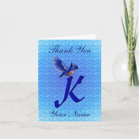 Blauwe Vogel Monogram Eerste Letter K Persoonlijk Bedankkaart (Voorkant)