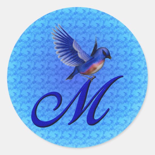 Blauwe Vogel Monogram Eerste Letter M Elegant Ronde Sticker (Voorkant)