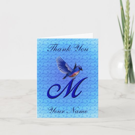 Blauwe Vogel Monogram Eerste Letter M Persoonlijk Bedankkaart (Voorkant)