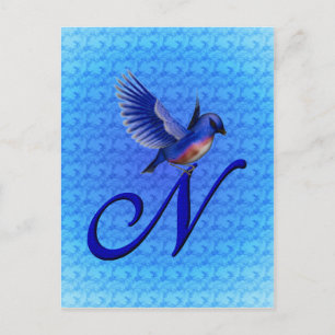 Blauwe Vogel Monogram Eerste Letter N Elegant Briefkaart