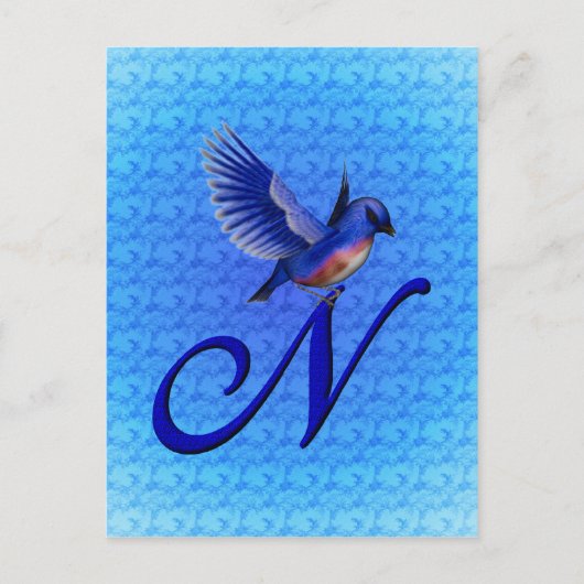 Blauwe Vogel Monogram Eerste Letter N Elegant Briefkaart (Voorkant)