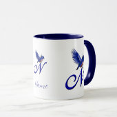 Blauwe Vogel Monogram Eerste Letter N Elegant Pers Mok (Voorkant rechts)