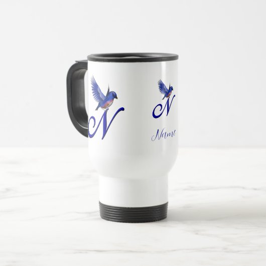 Blauwe Vogel Monogram Eerste Letter N Elegant Pers Reisbeker (Voorkant links)