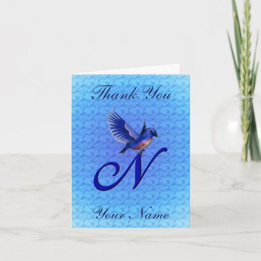 Blauwe Vogel Monogram Eerste Letter N Persoonlijk Bedankkaart (Voorkant)