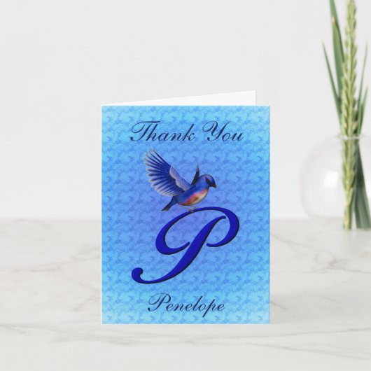 Blauwe Vogel Monogram Eerste Letter P Persoonlijk Bedankkaart (Voorkant)