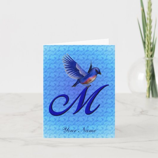 Blauwe Vogel Monogram Eerste M Persoonlijk Notitiekaartje (Voorkant)