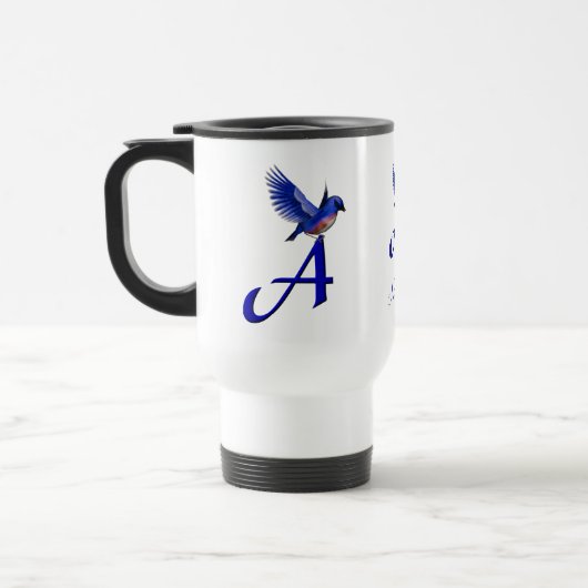 Blauwe Vogel Monogram Initiaal A Elegant Persoonli Reisbeker (Links)