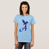 Blauwe Vogel Monogram Initiaal A T-shirt (Voorkant volledig)