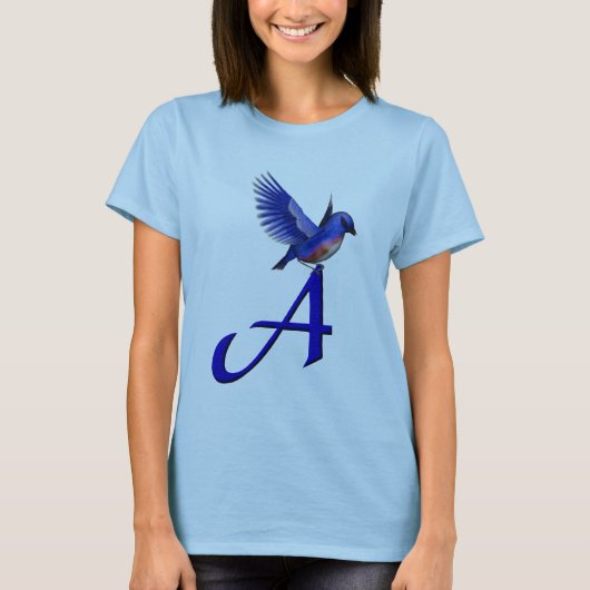 Blauwe Vogel Monogram Initiaal A T-shirt (Voorkant)