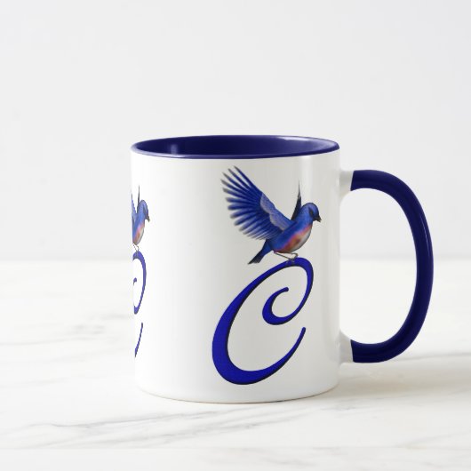 Blauwe Vogel Monogram Initiaal C Elegant Mok (Rechts)