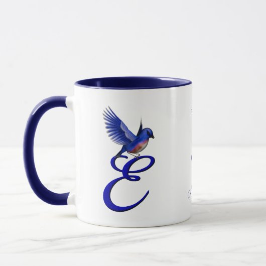 Blauwe Vogel Monogram Initiaal E Elegant Persoonli Mok (Links)