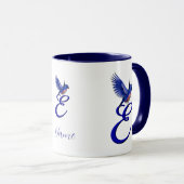 Blauwe Vogel Monogram Initiaal E Elegant Persoonli Mok (Voorkant rechts)
