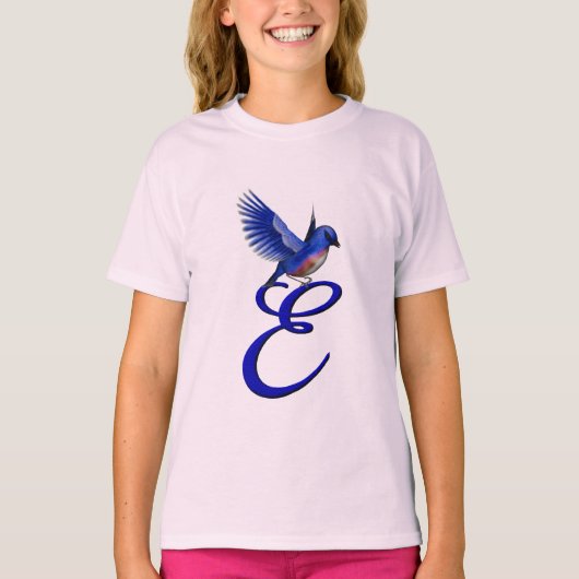 Blauwe Vogel Monogram Initiaal E Elegant  T-shirt (Voorkant)