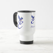 Blauwe Vogel Monogram Initiaal E Elegante Geperson Reisbeker (Voorkant links)