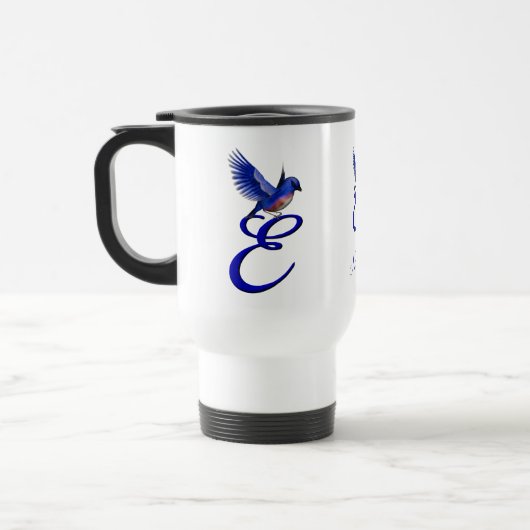 Blauwe Vogel Monogram Initiaal E Elegante Geperson Reisbeker (Links)