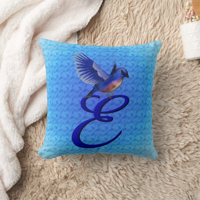 Blauwe Vogel Monogram Initiaal E Kussen (Deken)