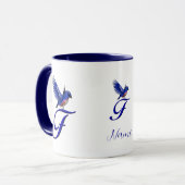 Blauwe Vogel Monogram Initiaal F Elegant Persoonli Mok (Voorkant links)