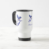 Blauwe Vogel Monogram Initiaal F Elegant Persoonli Reisbeker (Voorkant links)
