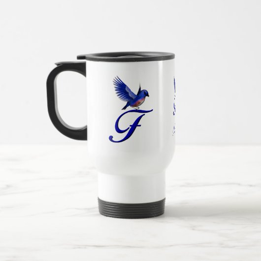 Blauwe Vogel Monogram Initiaal F Elegant Persoonli Reisbeker (Links)